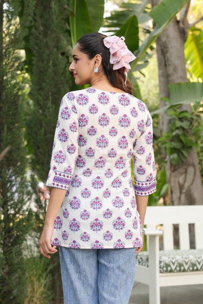 Traditional motif printed cotton top for everyday wear