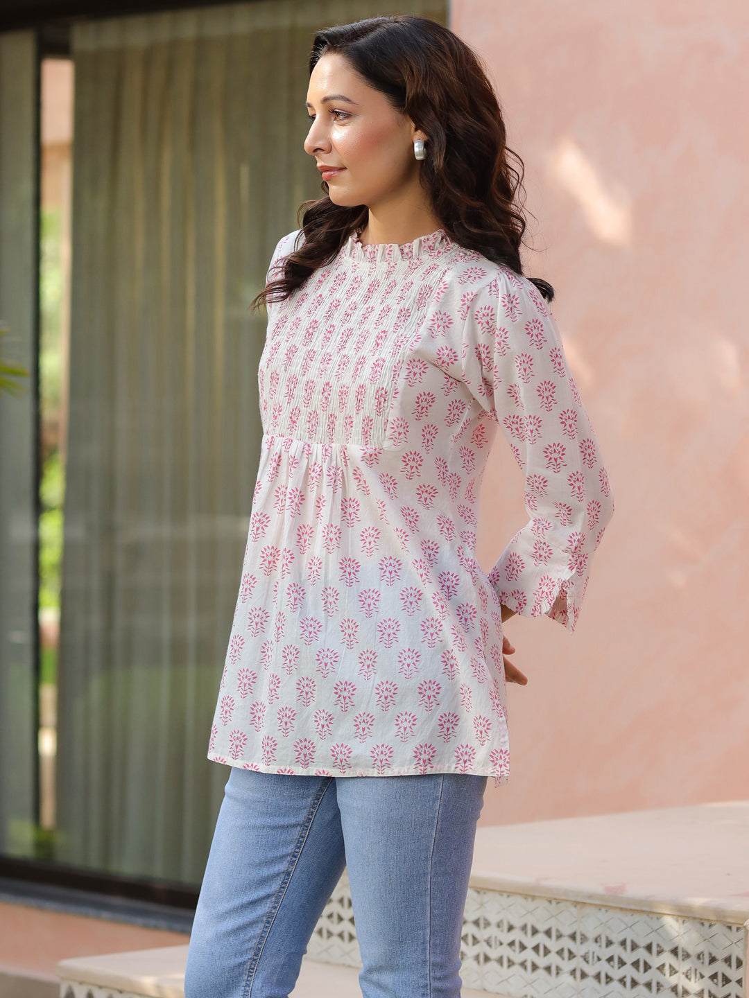 Trendy ethnic print cotton A-line top