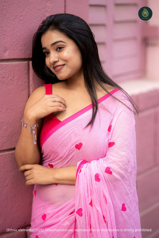 Mul Cotton Heart Embroidered Saree - Pink