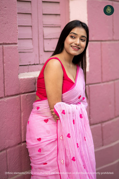 Mul Cotton Heart Embroidered Saree - Pink