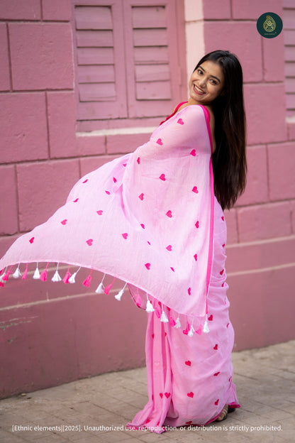 Mul Cotton Heart Embroidered Saree - Pink