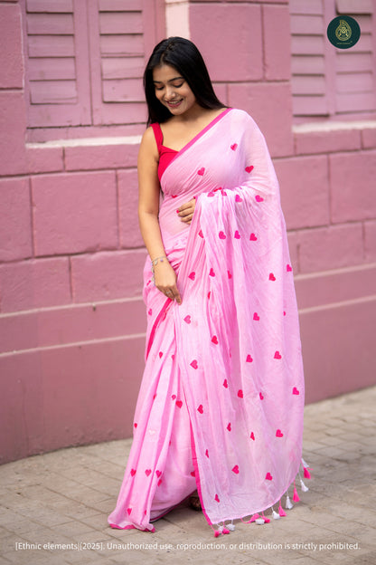 Mul Cotton Heart Embroidered Saree - Pink