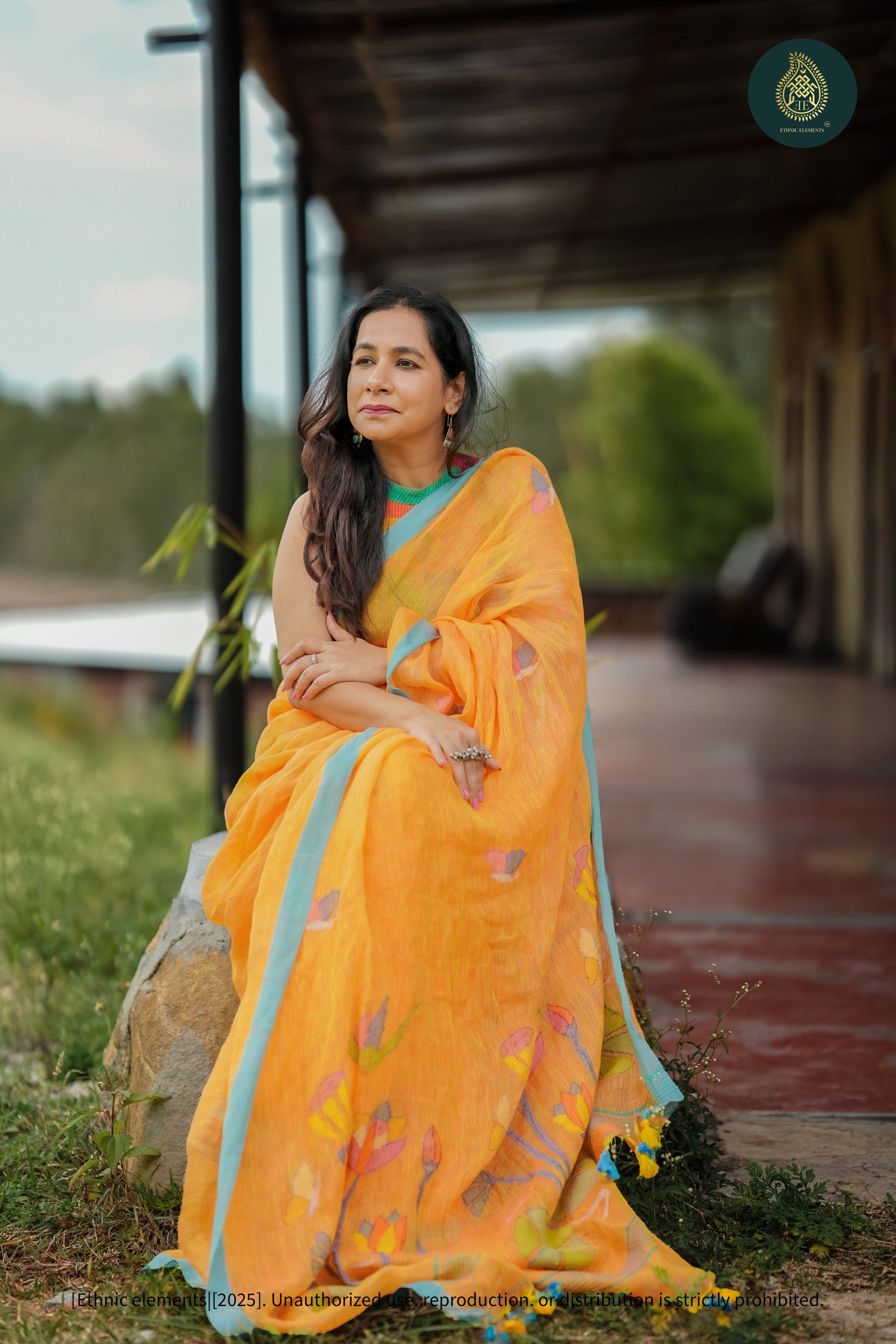 Handwoven Linen Floral Saree Anaya Kesari
