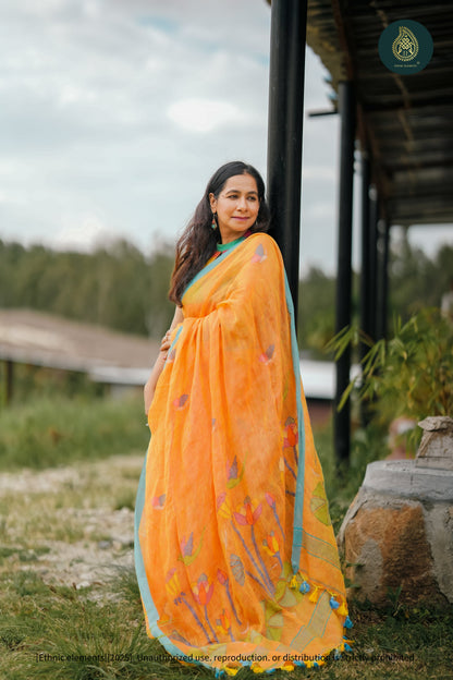 Handwoven Linen Floral Saree Anaya Kesari