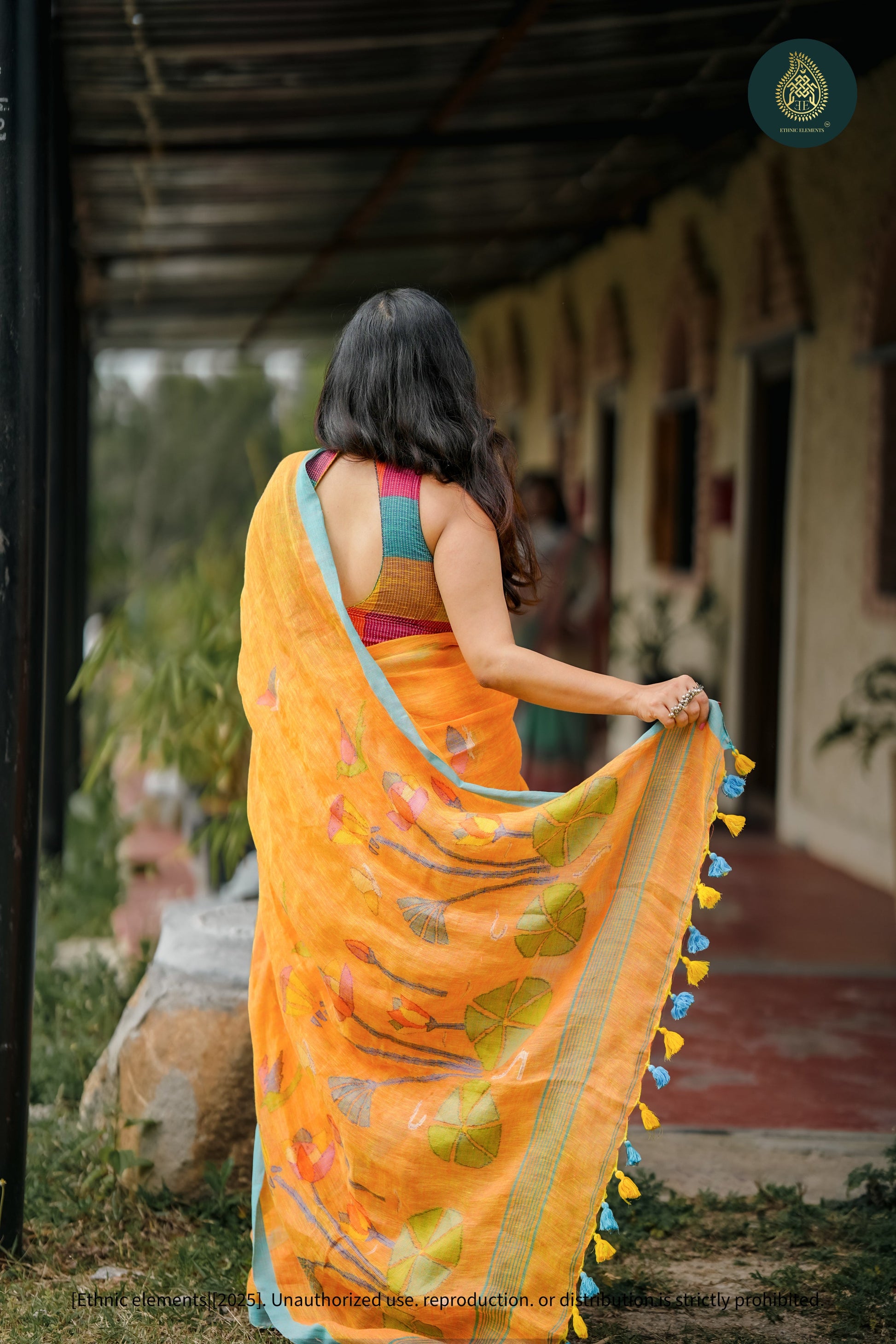 Handwoven Linen Floral Saree Anaya Kesari