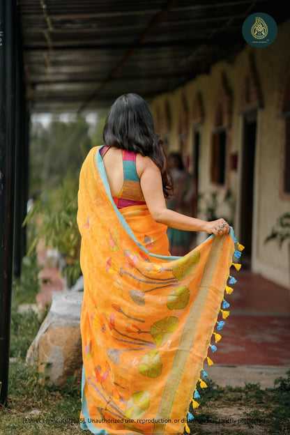 Handwoven Linen Floral Saree Anaya Kesari