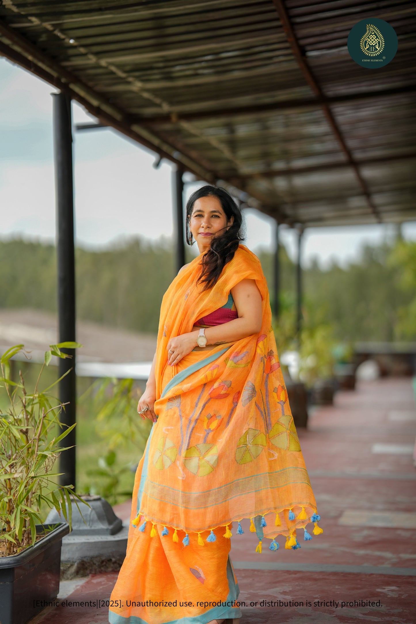 Handwoven Linen Floral Saree Anaya Kesari