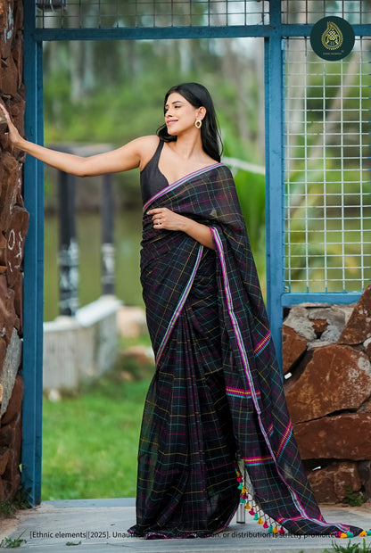Chandani Black Checks Mul Cotton Saree with Hand Kantha Work