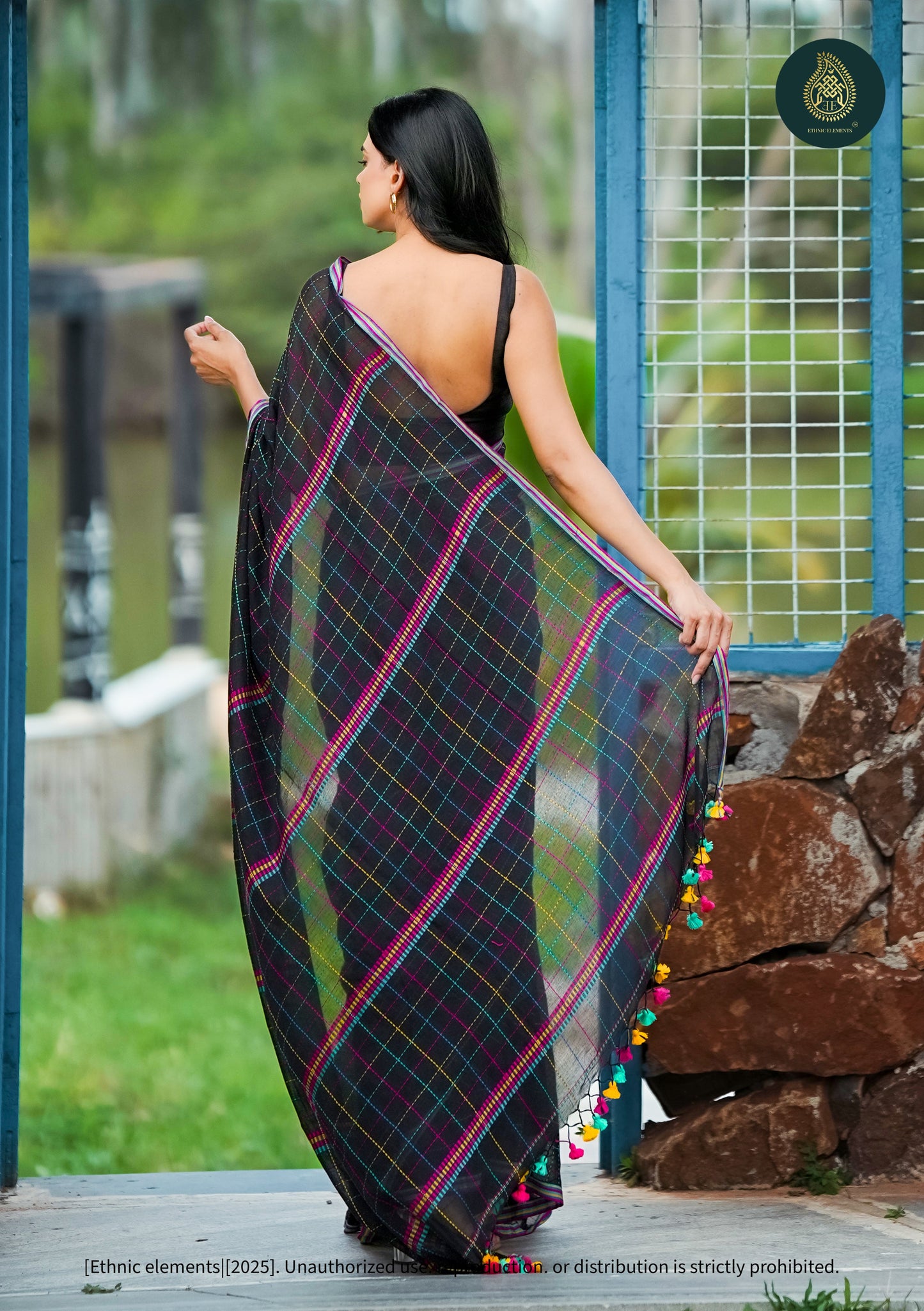 Chandani Black Checks Mul Cotton Saree with Hand Kantha Work