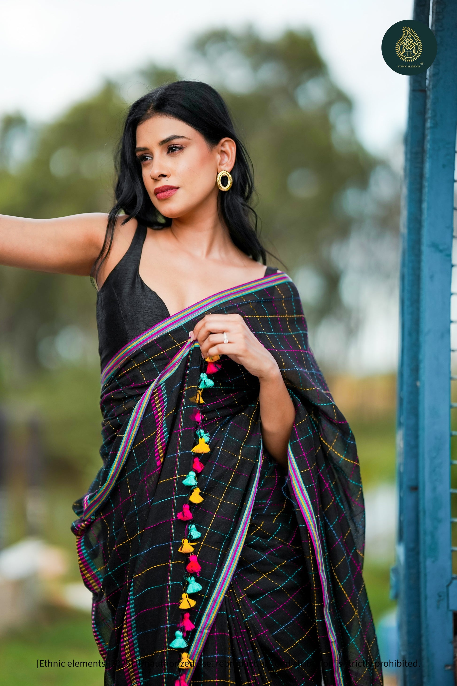 Chandani Black Checks Mul Cotton Saree with Hand Kantha Work