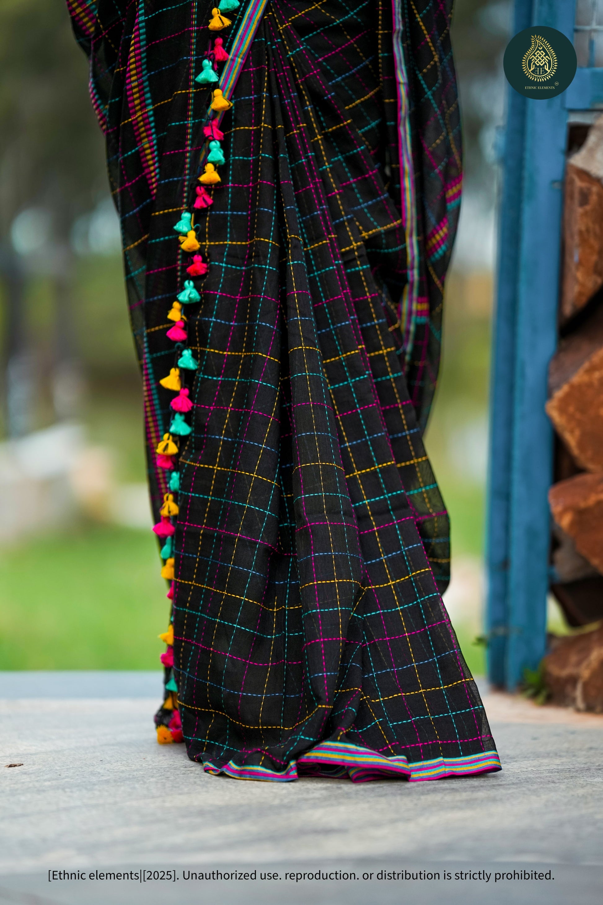 Chandani Black Checks Mul Cotton Saree with Hand Kantha Work