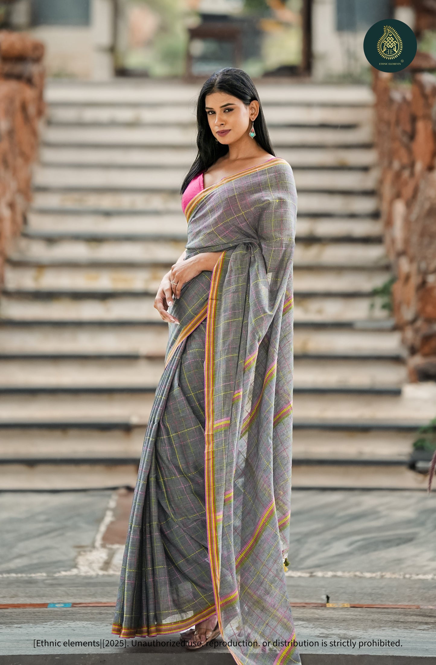 Chandani Grey Checks Mul Cotton Saree with Neon Kantha Work