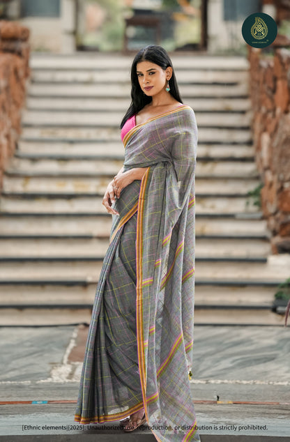 Chandani Grey Checks Mul Cotton Saree with Neon Kantha Work
