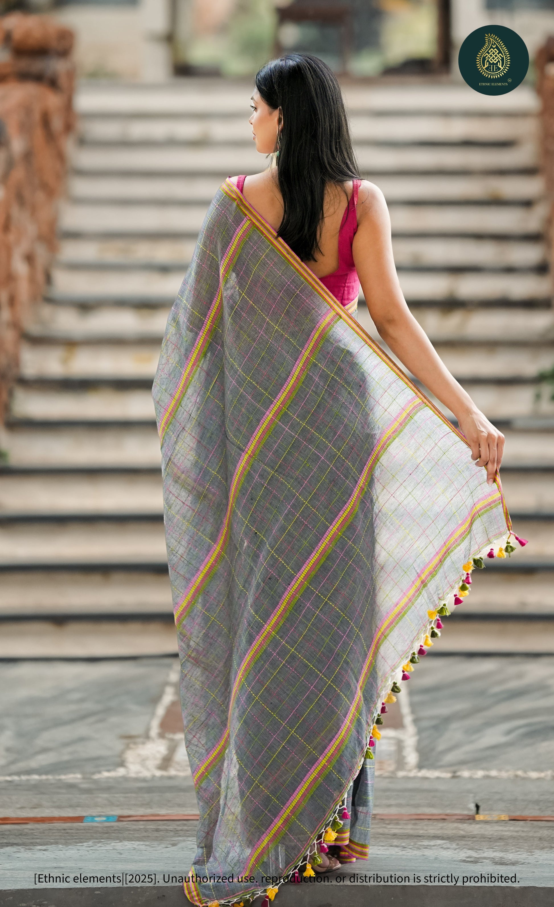Chandani Grey Checks Mul Cotton Saree with Neon Kantha Work