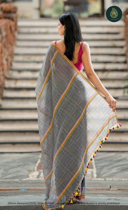 Chandani Grey Checks Mul Cotton Saree with Neon Kantha Work