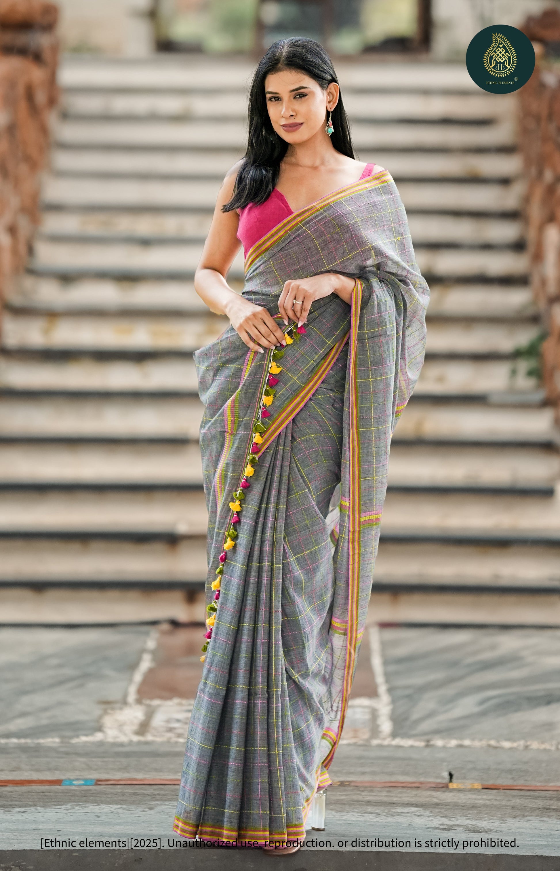 Chandani Grey Checks Mul Cotton Saree with Neon Kantha Work