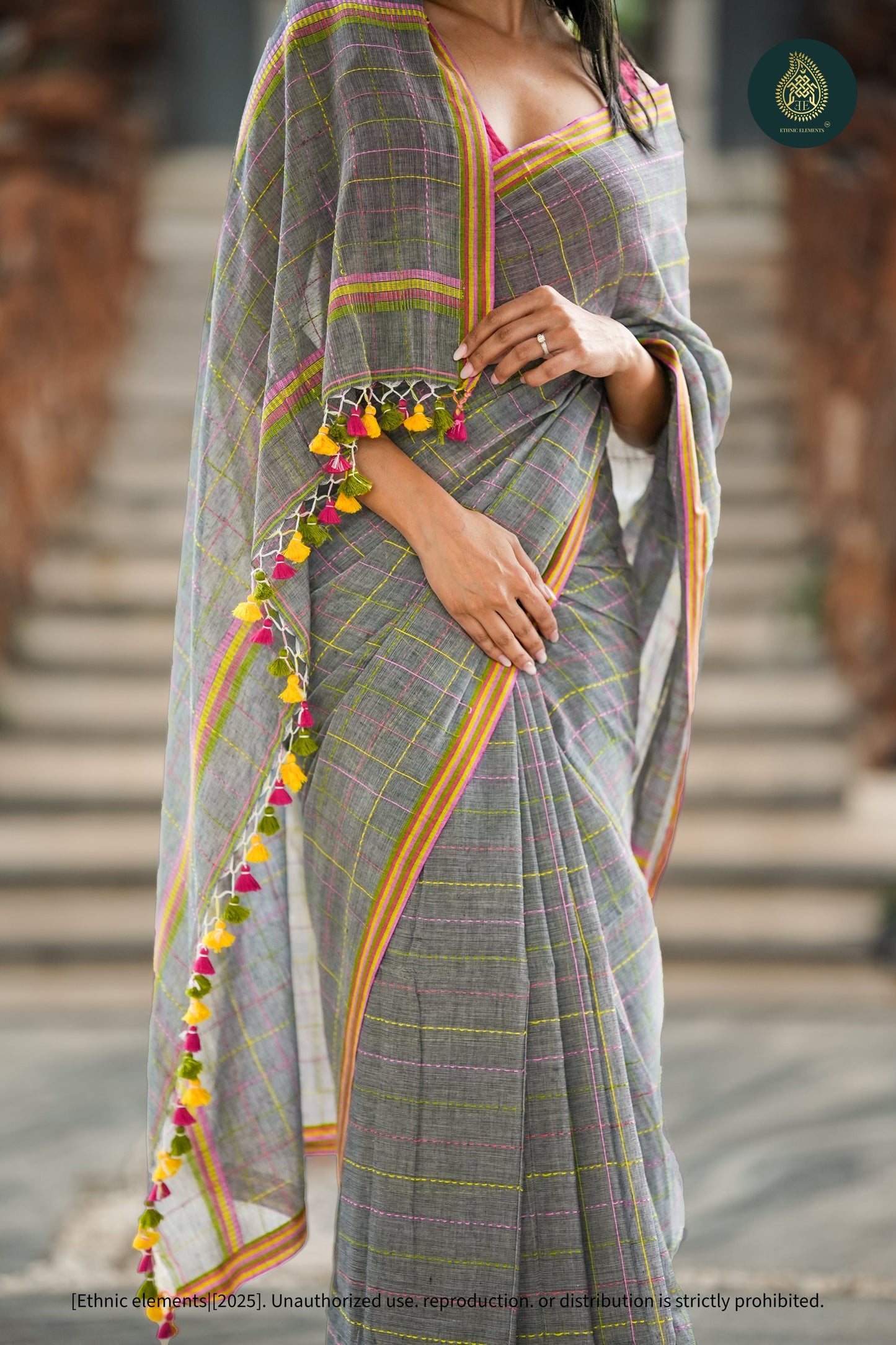 Chandani Grey Checks Mul Cotton Saree with Neon Kantha Work