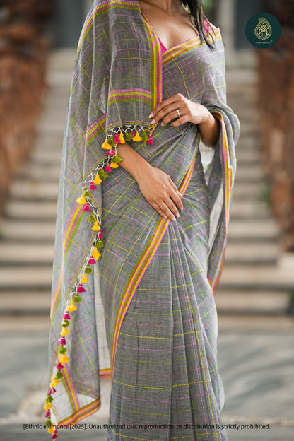 Chandani Grey Checks Mul Cotton Saree with Neon Kantha Work