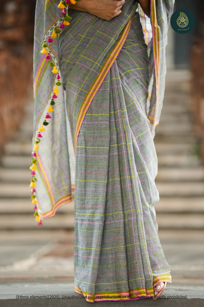 Chandani Grey Checks Mul Cotton Saree with Neon Kantha Work