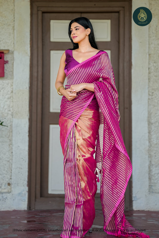 Mul Cotton Tissue Wine And Gold Striped Saree - Amethyst Panel