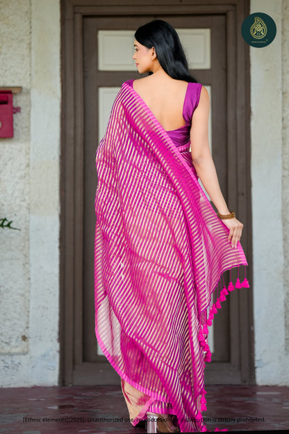 Mul Cotton Tissue Wine And Gold Striped Saree - Amethyst Panel