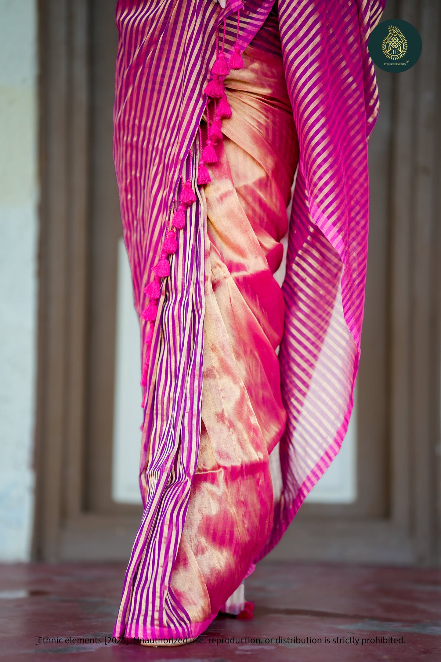 Mul Cotton Tissue Wine And Gold Striped Saree - Amethyst Panel