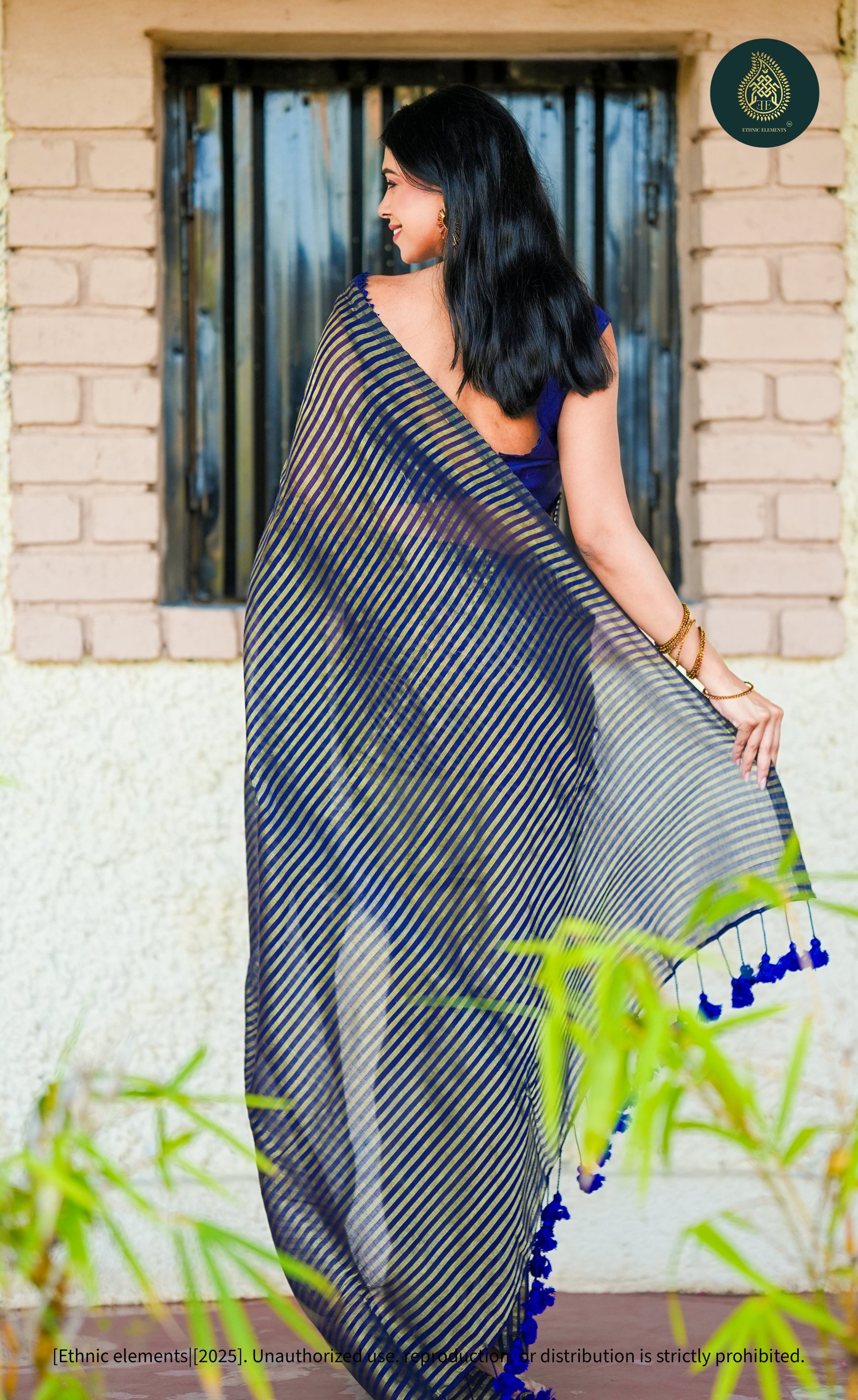 Mul Cotton Tissue Blue And Olive-Gold Striped Saree - Sapphire Panel