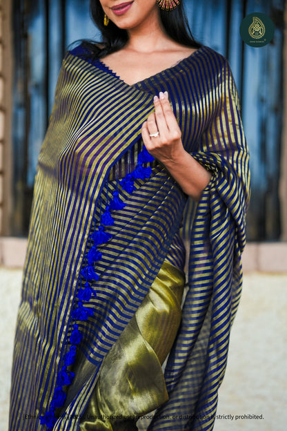 Mul Cotton Tissue Blue And Olive-Gold Striped Saree - Sapphire Panel