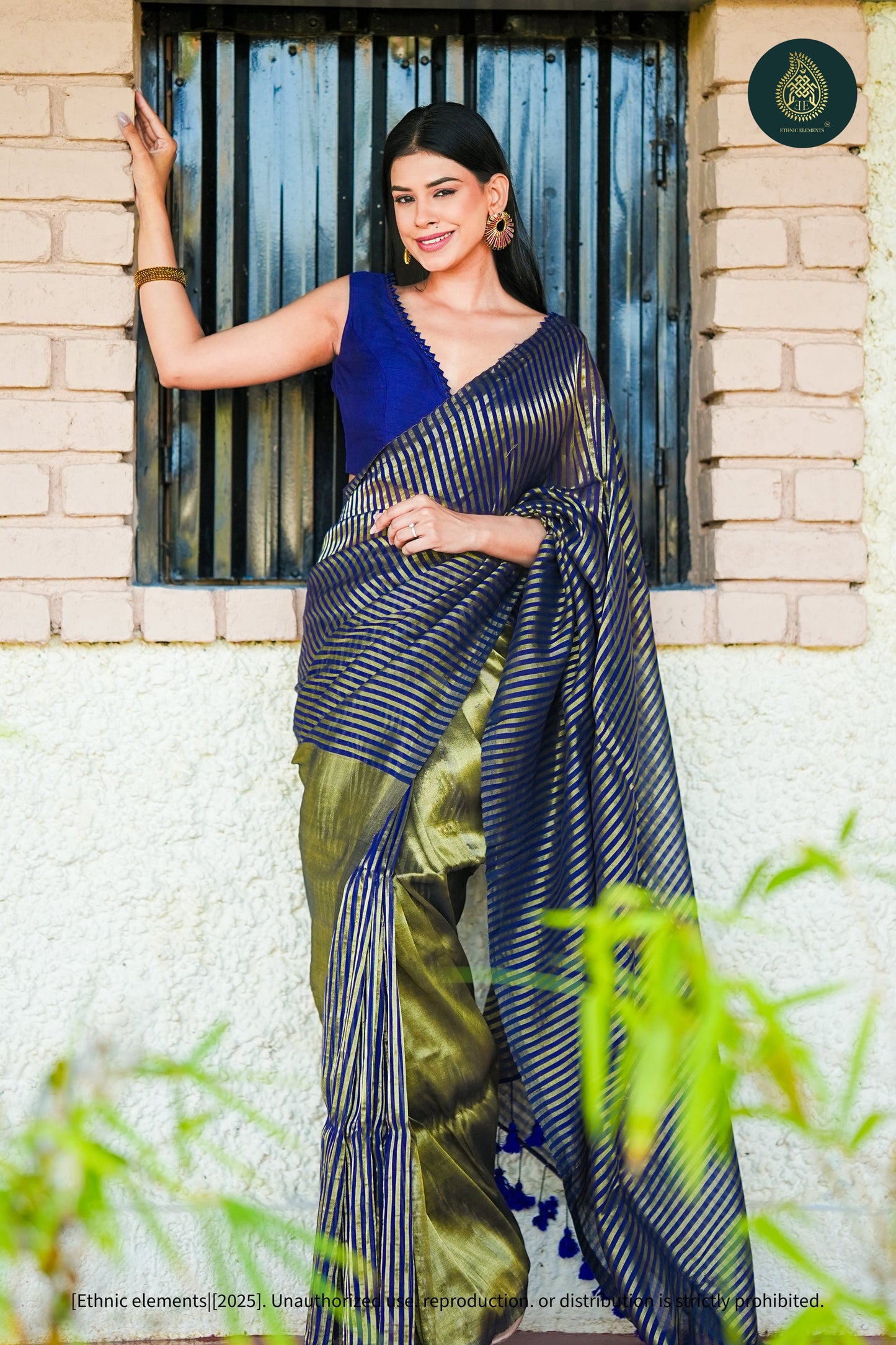 Mul Cotton Tissue Blue And Olive-Gold Striped Saree - Sapphire Panel