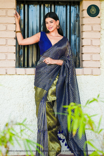 Mul Cotton Tissue Blue And Olive-Gold Striped Saree - Sapphire Panel