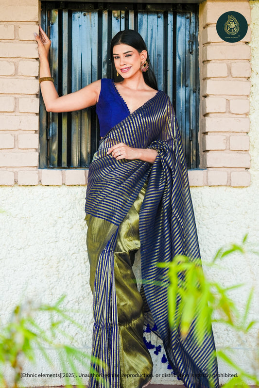 Mul Cotton Tissue Blue And Olive-Gold Striped Saree - Sapphire Panel