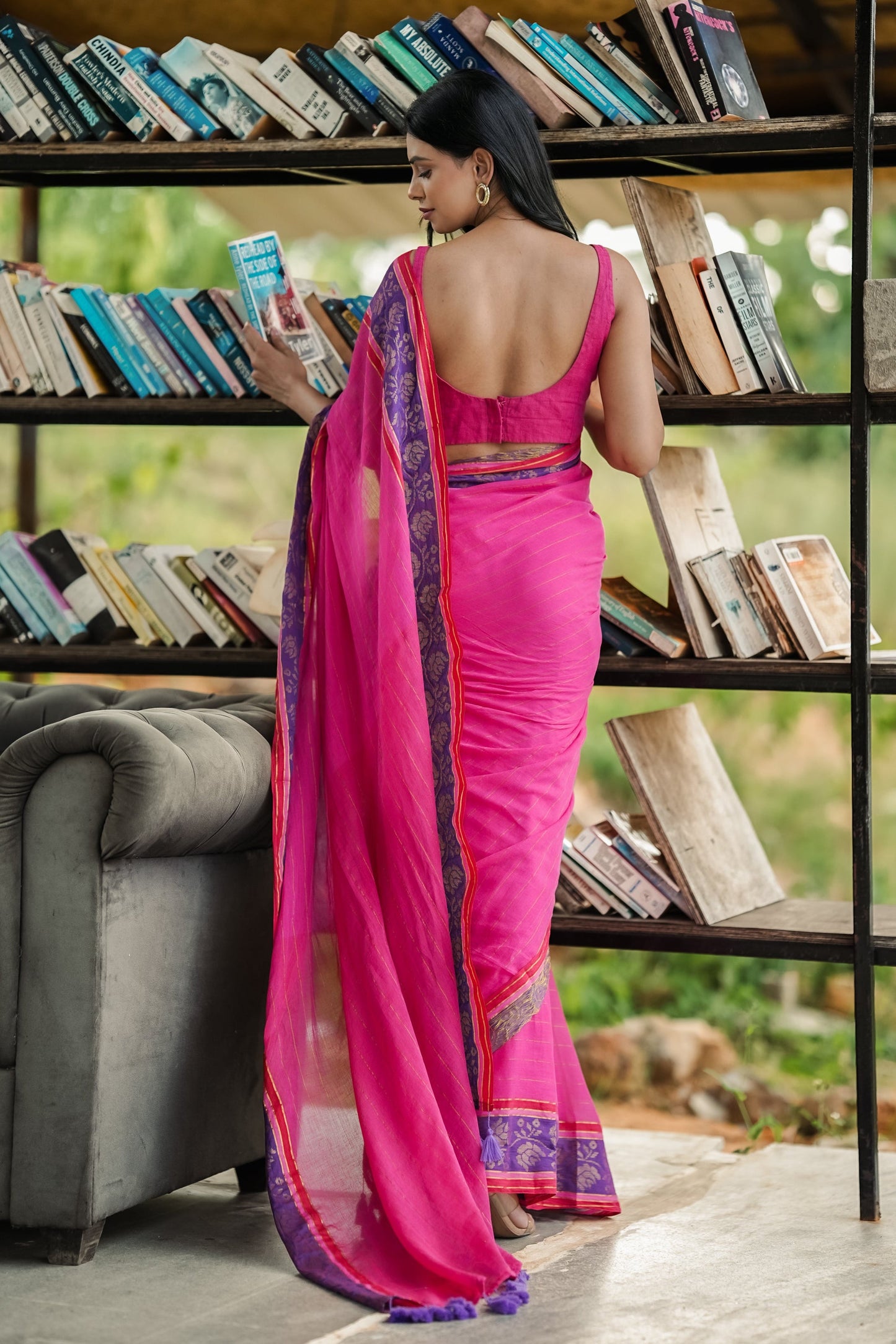 Mul Cotton Saree Zari Weave - Magenta Radiance