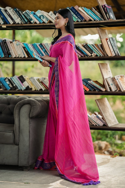 Mul Cotton Saree Zari Weave - Magenta Radiance