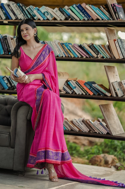 Mul Cotton Saree Zari Weave - Magenta Radiance