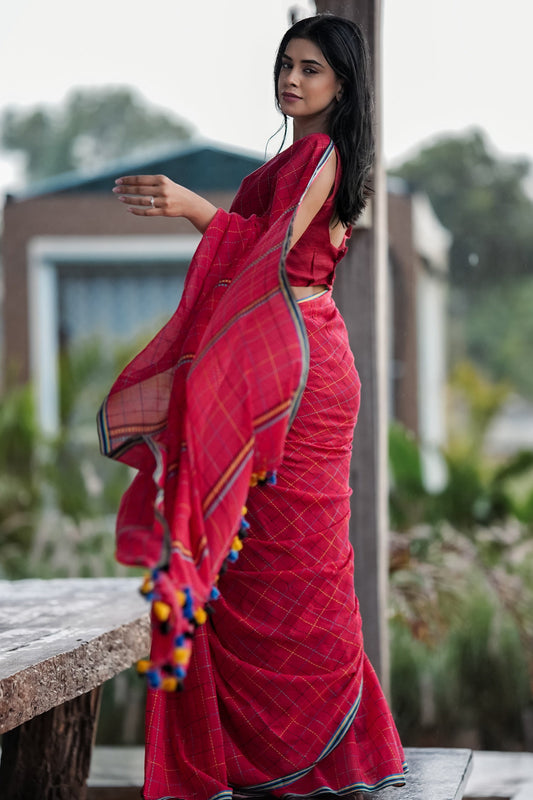 Chandani Red Checks Mul Cotton Saree with Hand Kantha Embroidery