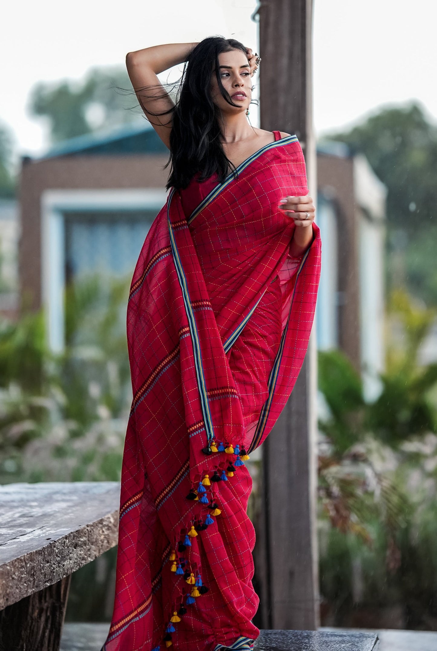 Chandani Red Checks Mul Cotton Saree with Hand Kantha Embroidery