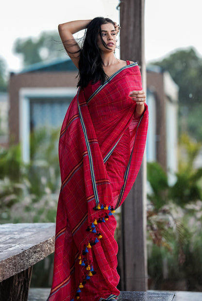Chandani Red Checks Mul Cotton Saree with Hand Kantha Embroidery