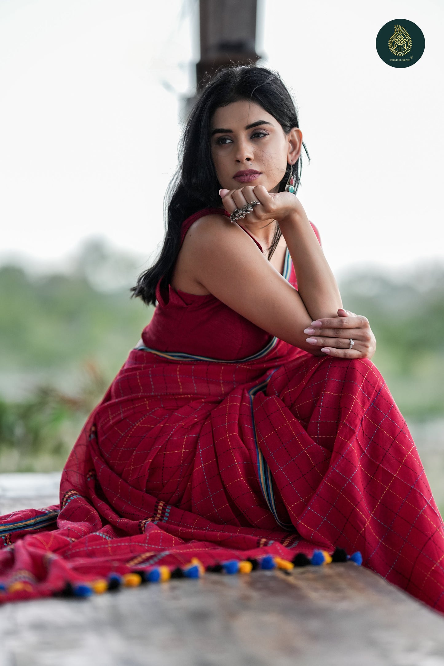 Chandani Red Checks Mul Cotton Saree with Hand Kantha Embroidery
