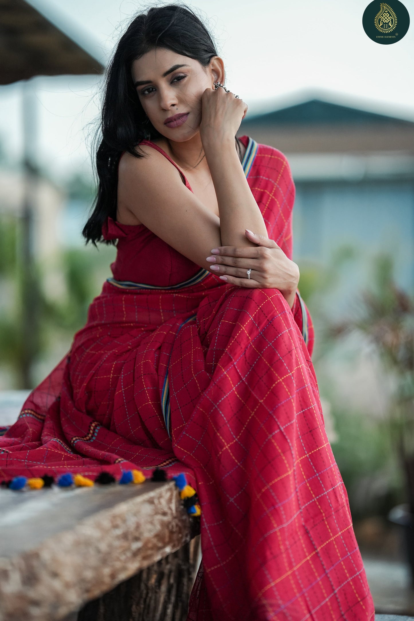 Chandani Red Checks Mul Cotton Saree with Hand Kantha Embroidery