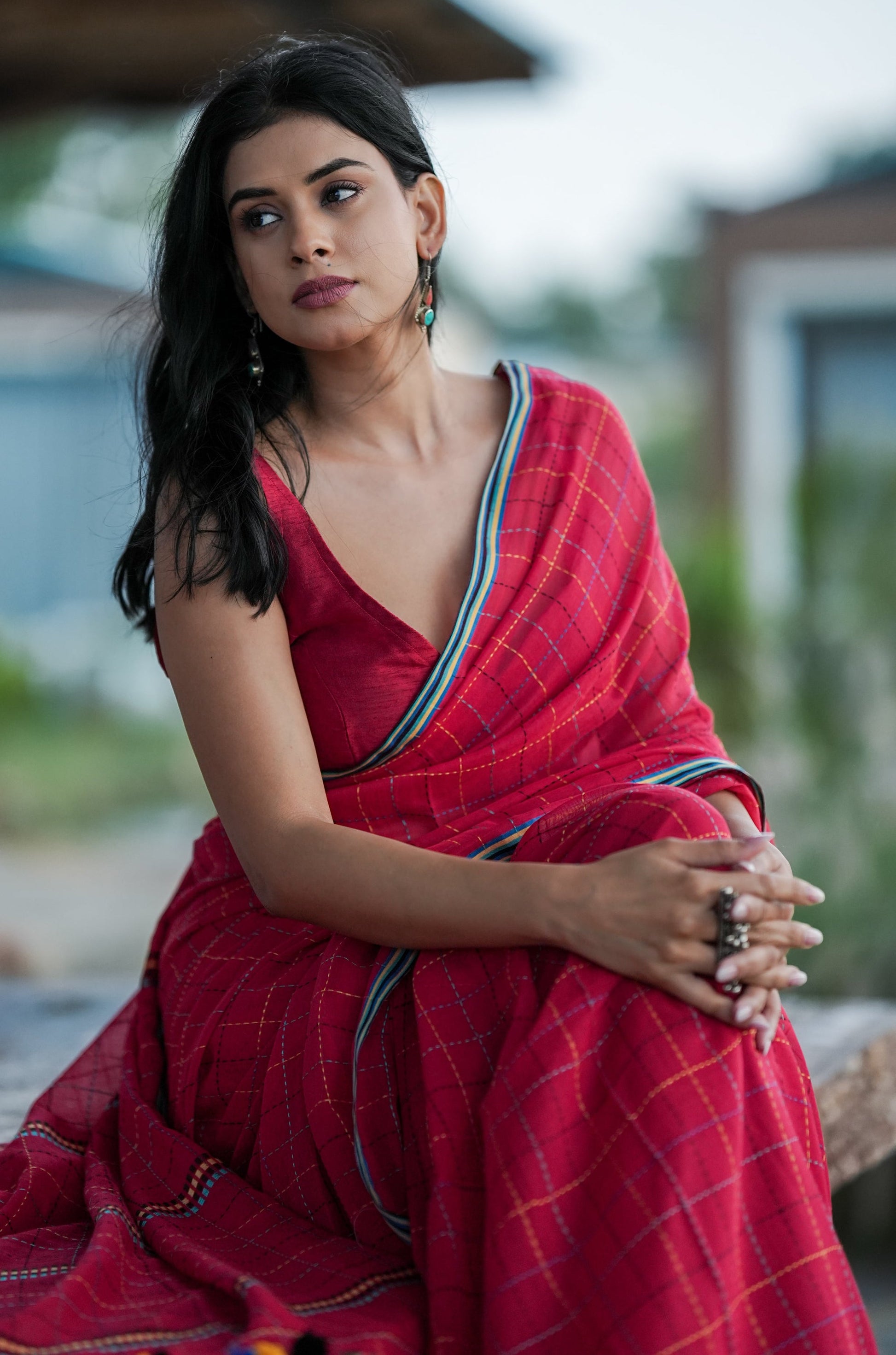 Chandani Red Checks Mul Cotton Saree with Hand Kantha Embroidery