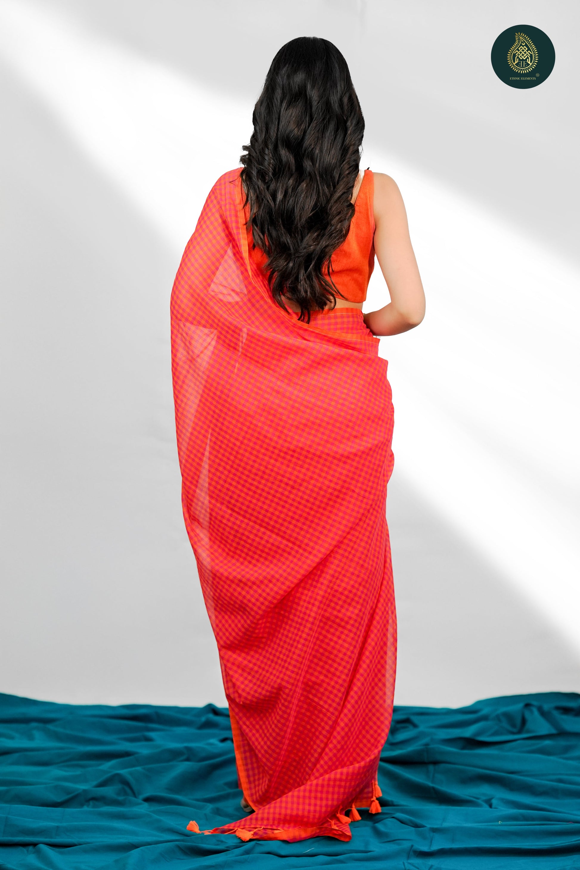 Narangi Orange Checks Mul Cotton Saree