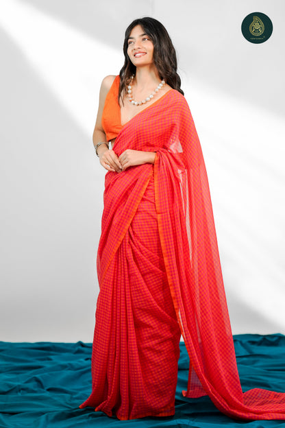 Narangi Orange Checks Mul Cotton Saree