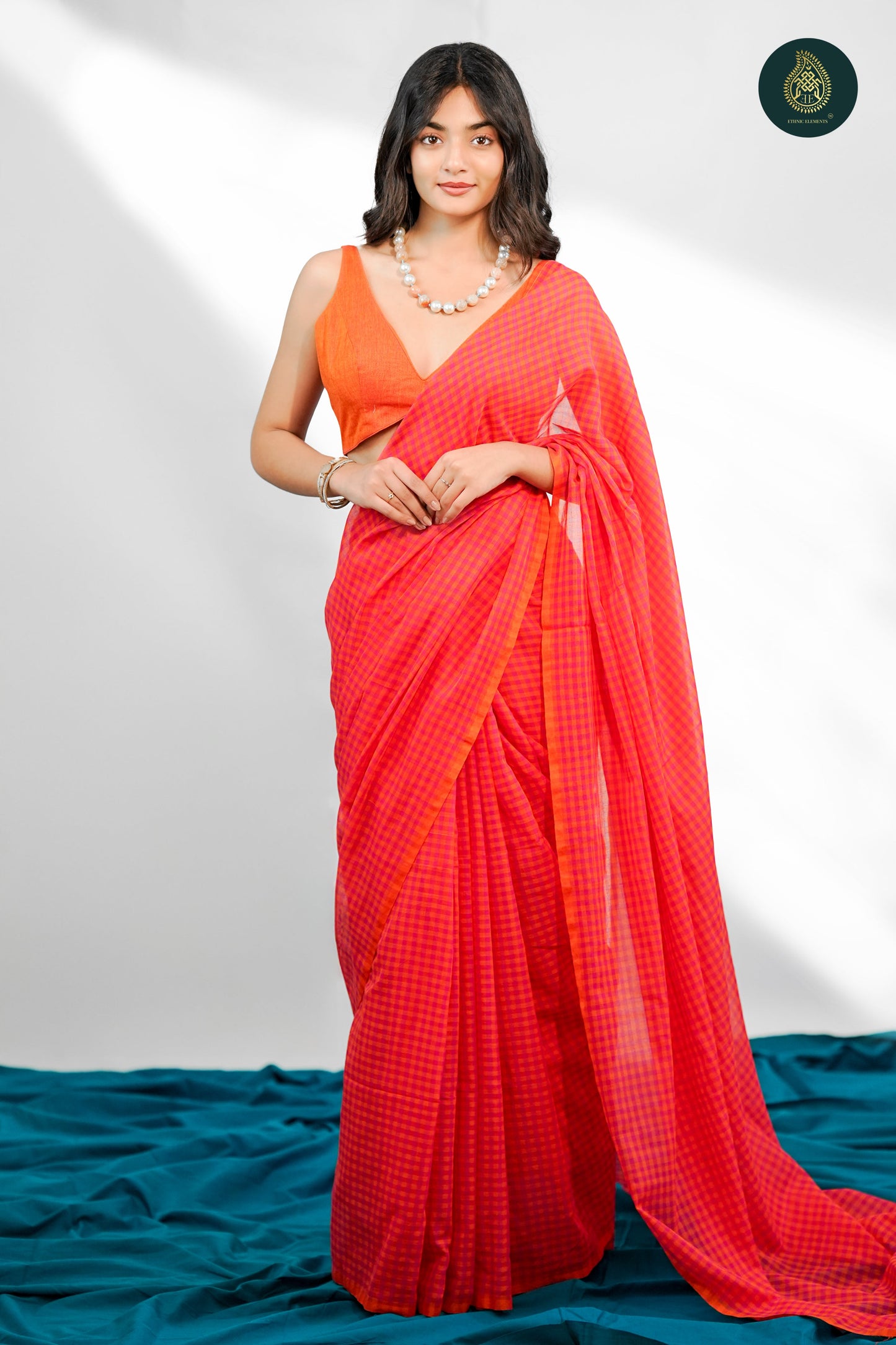 Narangi Orange Checks Mul Cotton Saree
