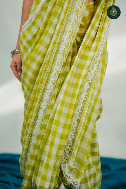 Pallav Check Mul Cotton Saree with Lace