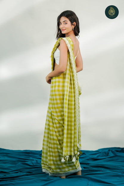 Pallav Check Mul Cotton Saree with Lace