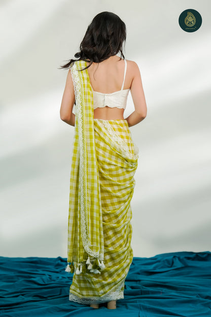 Pallav Check Mul Cotton Saree with Lace