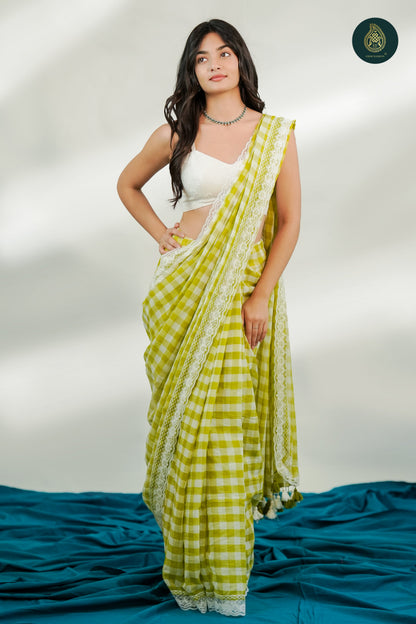 Pallav Check Mul Cotton Saree with Lace