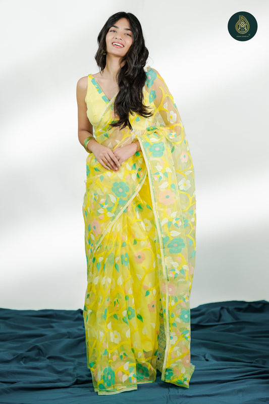 Lemon Muslin Silk Jamdani Saree