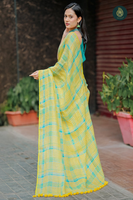 Nimbu Linen Handloom Woven Check Saree