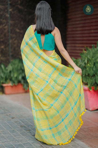 Nimbu Linen Handloom Woven Check Saree